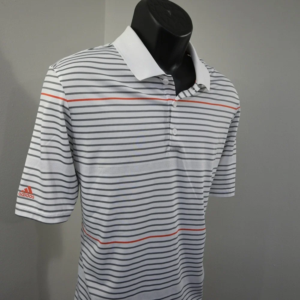 Adidas Golf Polo Shirt Men Large White Gray Orange Striped Climacool Performance